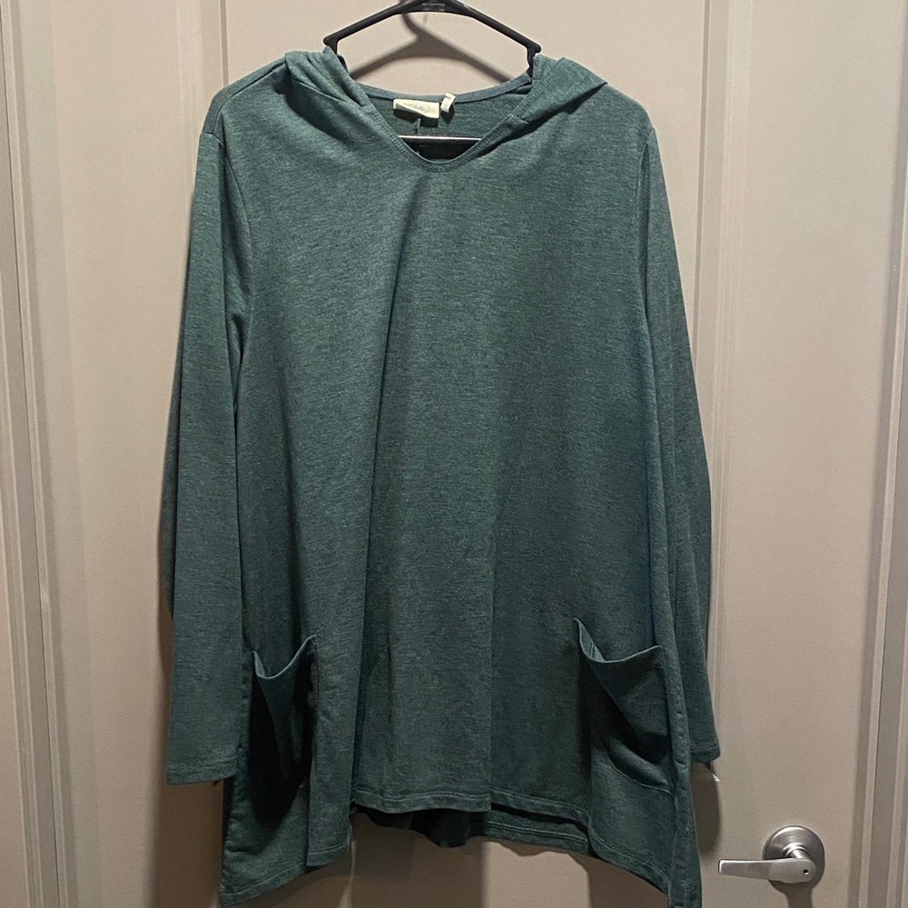 LOGO Lounge Teal Hooded Tunic Top Long Sleeve Relaxed Cozy Pockets XL